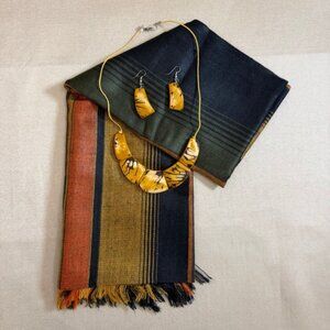 Orange Gold And Blue Scarf And Gold Tan And Black Tagua Earrings And Necklace Ac